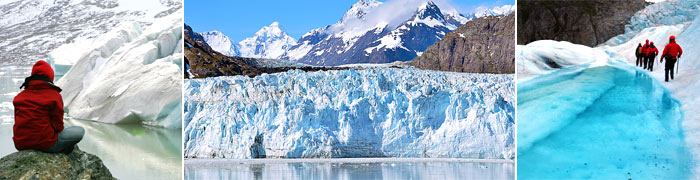 Alaska cruise ship sailing past glaciers and snowcapped mountains.